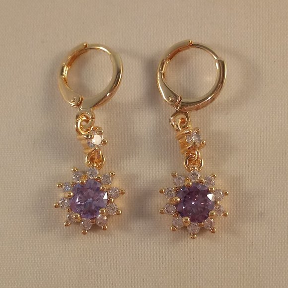 18K Yellow Gold Filled Flower Ameythyst Purple Diamond Zircon Earrings Gorgeous - Picture 2 of 4